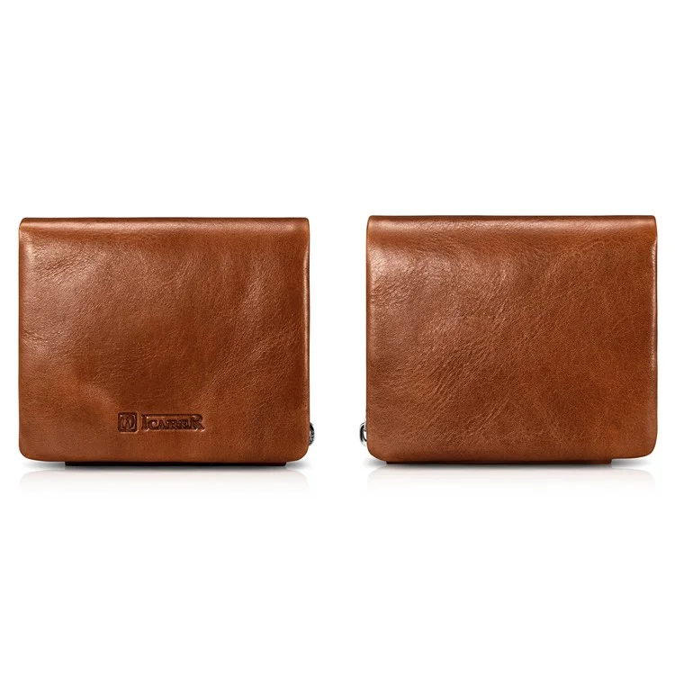 ICARER Luxury Genuine Leather Tri-fold Men Wallet with Coin Zipper Pouch - Brown