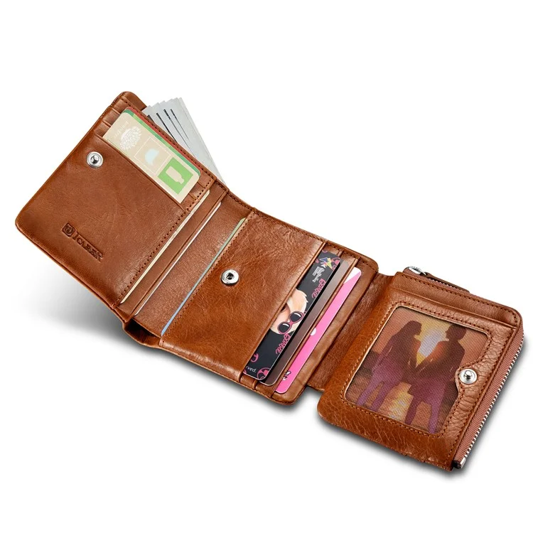 ICARER Luxury Genuine Leather Tri-fold Men Wallet with Coin Zipper Pouch - Brown