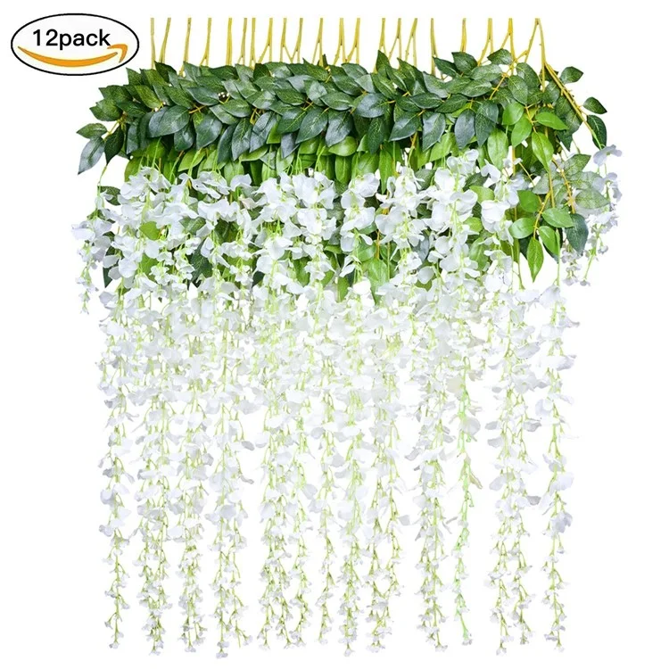 12 Pack One Set Artificial Wisteria Vine Silk Hanging Flower Wedding Festival Decor - White