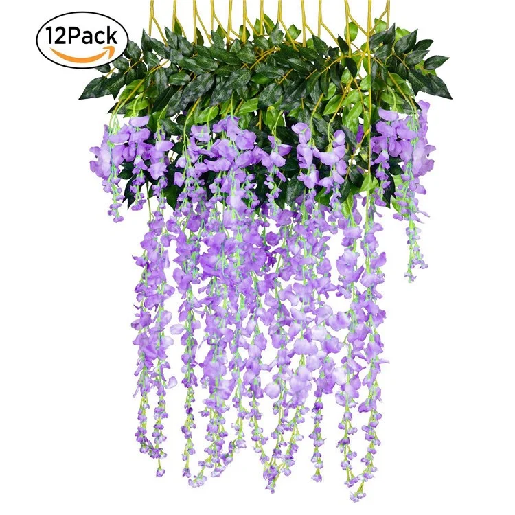 Wisteria de Seda Artificial Vine Ratta Seda Seda Decoración de Bodas de Flores Colgantes 12 Piezas - Violeta