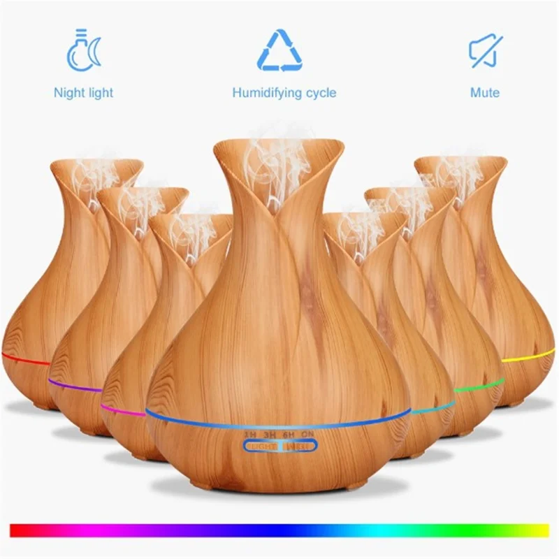 550ML Wood Grain Air Humidifier Vase Shape Mute Aroma Essential Oil Diffuser with Remote Control - Brown / EU Plug
