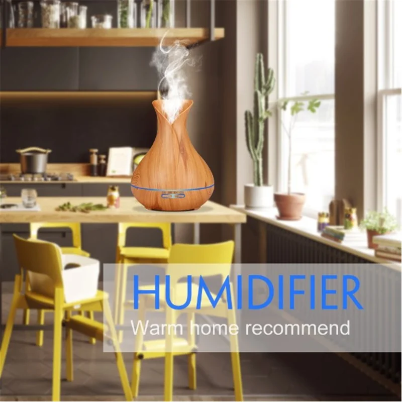 550ML Wood Grain Air Humidifier Vase Shape Mute Aroma Essential Oil Diffuser with Remote Control - Brown / EU Plug