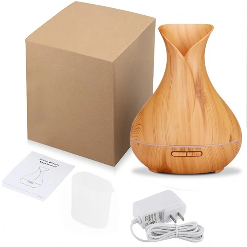550ML Wood Grain Air Humidifier Vase Shape Mute Aroma Essential Oil Diffuser with Remote Control - Brown / EU Plug