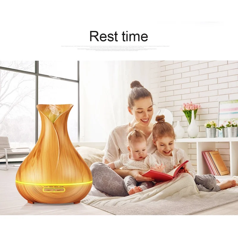 550ML Wood Grain Air Humidifier Vase Shape Mute Aroma Essential Oil Diffuser with Remote Control - Brown / EU Plug