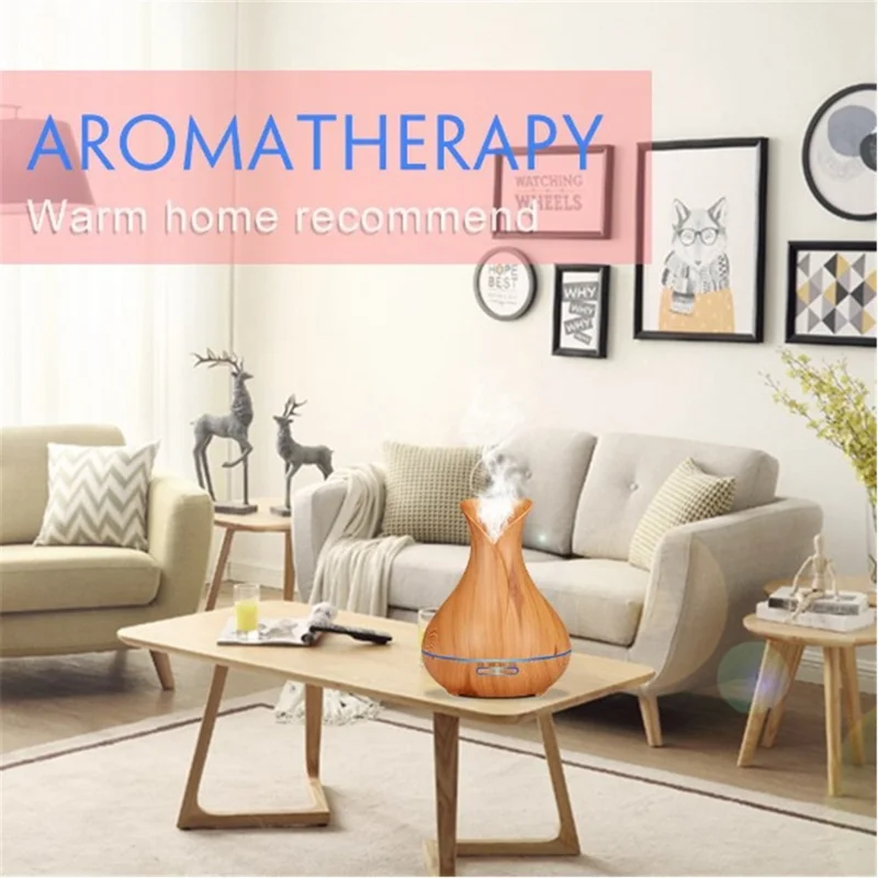 550ML Wood Grain Air Humidifier Vase Shape Mute Aroma Essential Oil Diffuser with Remote Control - Brown / EU Plug