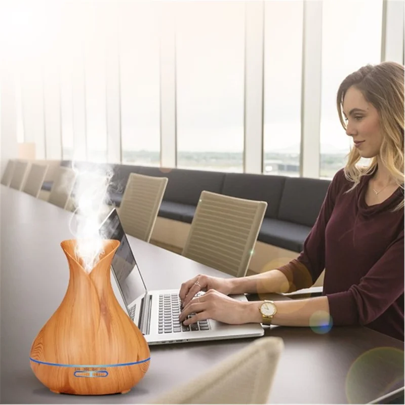 550ML Wood Grain Air Humidifier Vase Shape Mute Aroma Essential Oil Diffuser with Remote Control - Brown / EU Plug