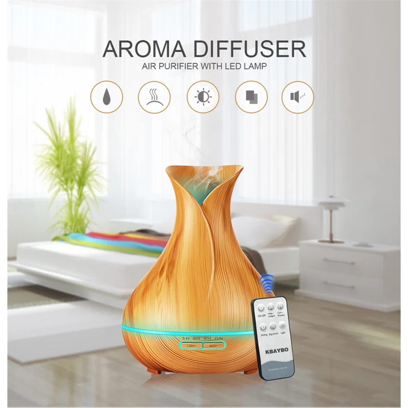 550ML Wood Grain Air Humidifier Vase Shape Mute Aroma Essential Oil Diffuser with Remote Control - Brown / EU Plug