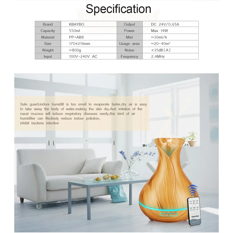 550ML Wood Grain Air Humidifier Vase Shape Mute Aroma Essential Oil Diffuser with Remote Control - Brown / EU Plug