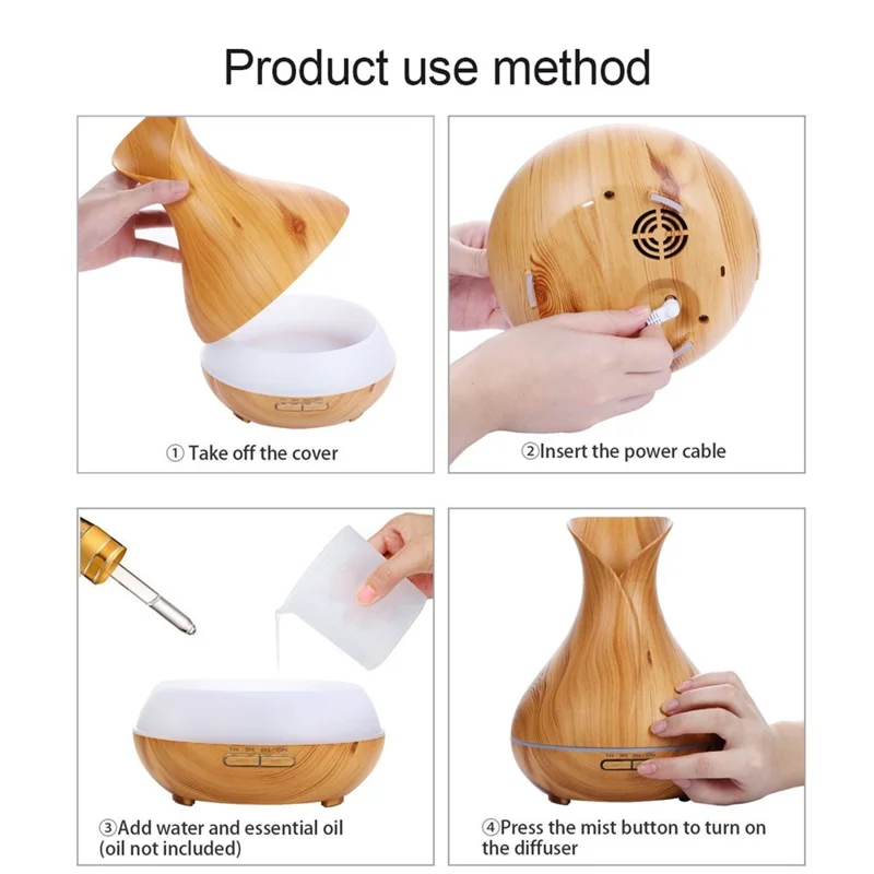 550ML Wood Grain Air Humidifier Vase Shape Mute Aroma Essential Oil Diffuser with Remote Control - Brown / EU Plug