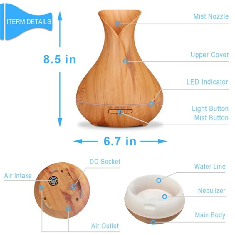 550ML Wood Grain Air Humidifier Vase Shape Mute Aroma Essential Oil Diffuser with Remote Control - Brown / EU Plug