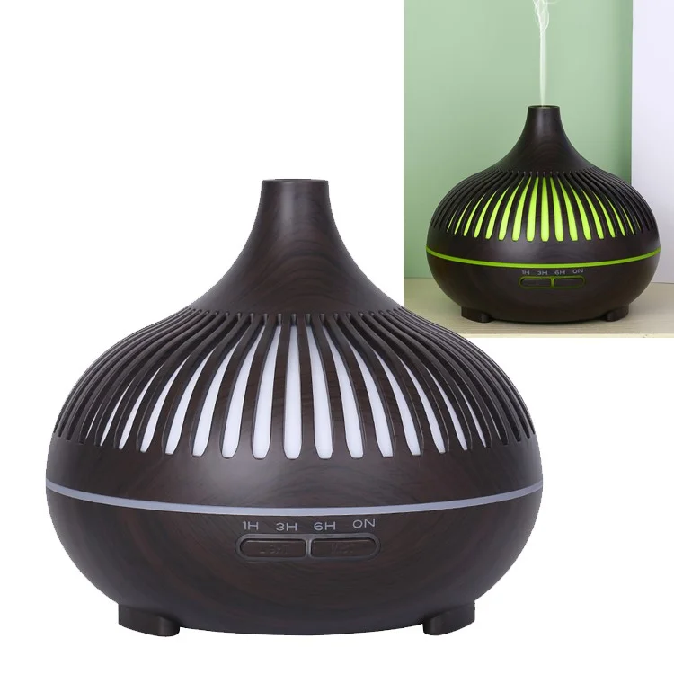 Humidificateur d'aromathérapie en bois texturé avec lumières d'ambiance colorées et télécommande - Noir/Prise EU