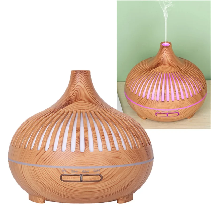 Colorful Atmosphere Lights Wood Texture Hollow Aromatherapy Humidifier with Remove Control - Brown/UK Plug