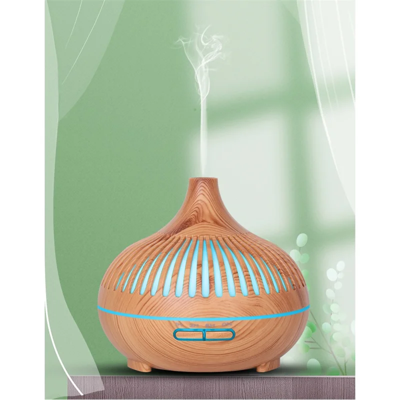 Colorful Atmosphere Lights Wood Texture Hollow Aromatherapy Humidifier with Remove Control - Brown/UK Plug