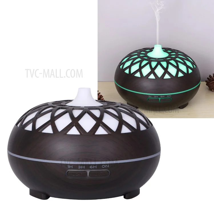 Colorful Atmosphere Lights Wood Texture Hollow Design Aromatherapy Humidifier with Remove Control - Black/US Plug