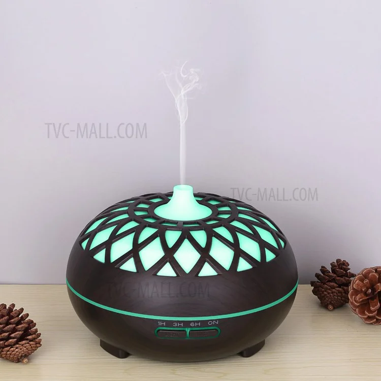 Colorful Atmosphere Lights Wood Texture Hollow Design Aromatherapy Humidifier with Remove Control - Black/US Plug
