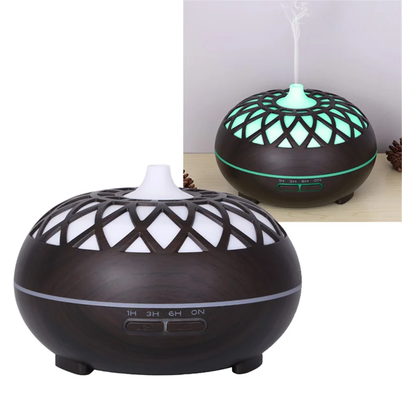 Colorful Atmosphere Lights Wood Texture Hollow Design Aromatherapy Humidifier with Remove Control - Black/UK Plug