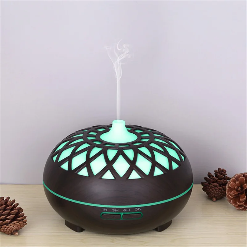 Colorful Atmosphere Lights Wood Texture Hollow Design Aromatherapy Humidifier with Remove Control - Black/AU Plug