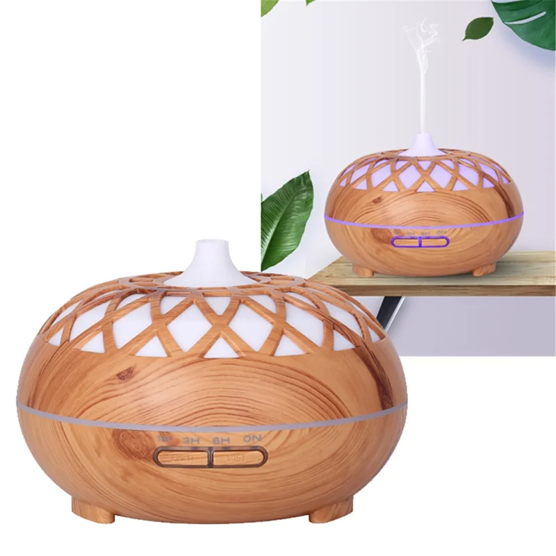 Colorful Atmosphere Lights Wood Texture Hollow Design Aromatherapy Humidifier with Remove Control - Brown/EU Plug