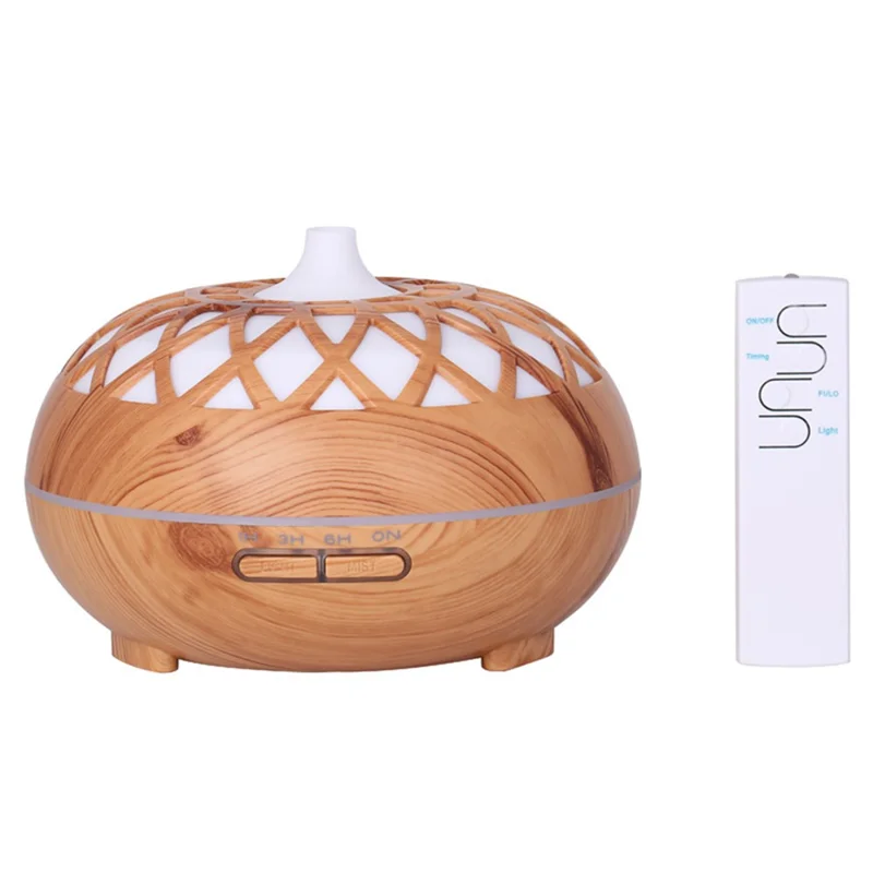 Colorful Atmosphere Lights Wood Texture Hollow Design Aromatherapy Humidifier with Remove Control - Brown/EU Plug
