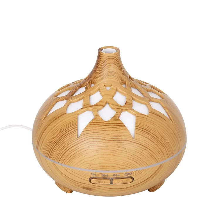 350ML Wood Grain Hollow Design Aroma Humidifier Ultrasonic Cool Mist Humidifier with 7 Color Lights - Brown/EU Plug
