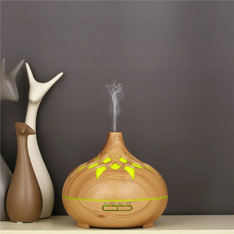 350ML Wood Grain Hollow Design Aroma Humidifier Ultrasonic Cool Mist Humidifier with 7 Color Lights - Brown/EU Plug