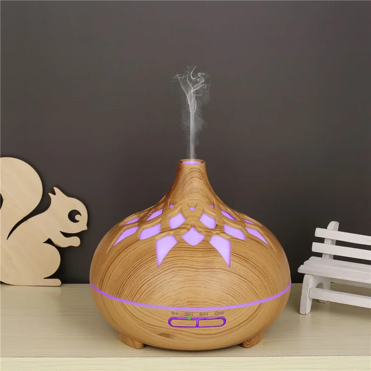 350ML Wood Grain Hollow Design Aroma Humidifier Ultrasonic Cool Mist Humidifier with 7 Color Lights - Brown/EU Plug
