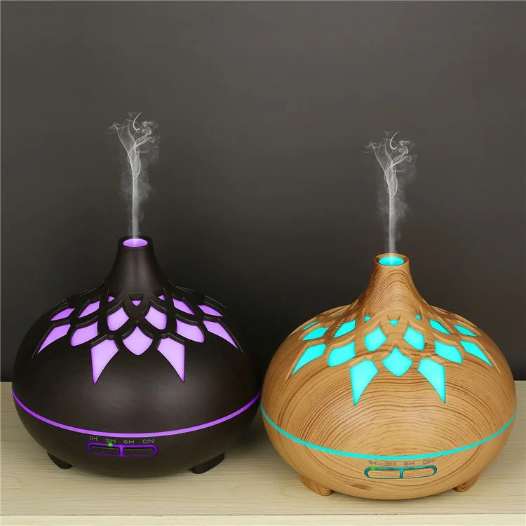 350ML Wood Grain Hollow Design Aroma Humidifier Ultrasonic Cool Mist Humidifier with 7 Color Lights - Brown/EU Plug