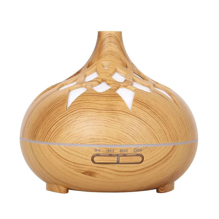 350ML Wood Grain Hollow Design Aroma Humidifier Ultrasonic Cool Mist Humidifier with 7 Color Lights - Brown/EU Plug