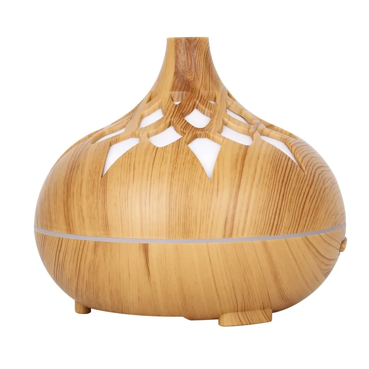 350ML Wood Grain Hollow Design Aroma Humidifier Ultrasonic Cool Mist Humidifier with 7 Color Lights - Brown/EU Plug