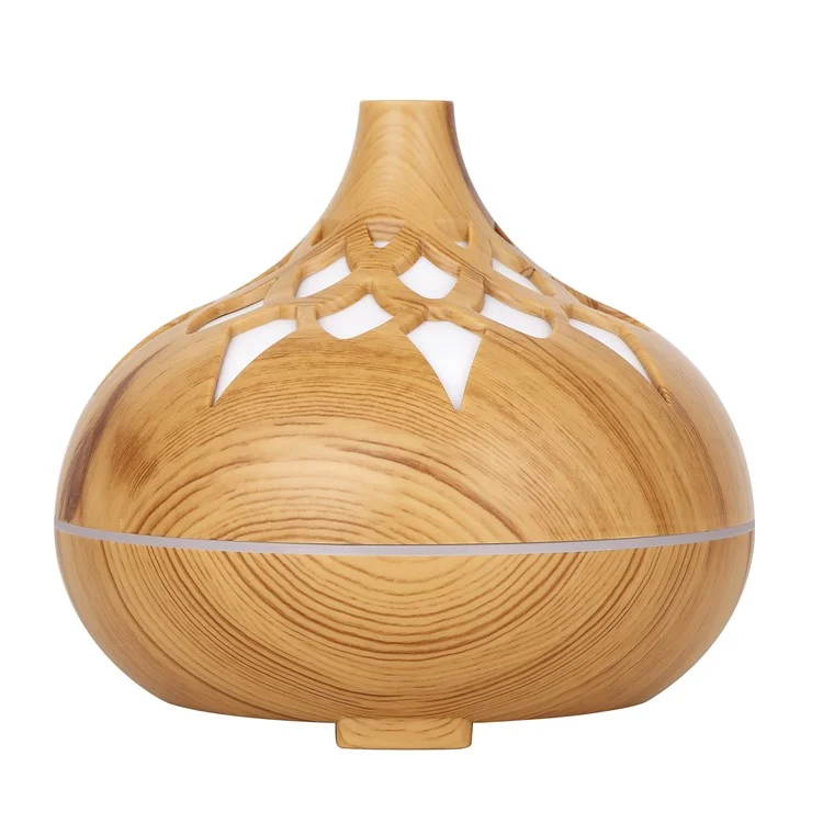 350ML Wood Grain Hollow Design Aroma Humidifier Ultrasonic Cool Mist Humidifier with 7 Color Lights - Brown/EU Plug