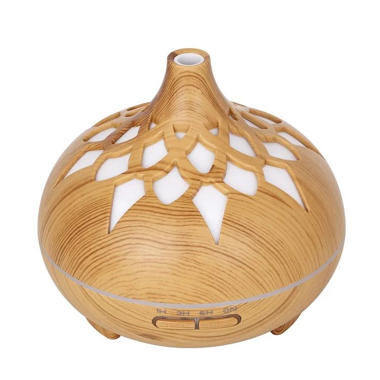 350ML Wood Grain Hollow Design Aroma Humidifier Ultrasonic Cool Mist Humidifier with 7 Color Lights - Brown/EU Plug