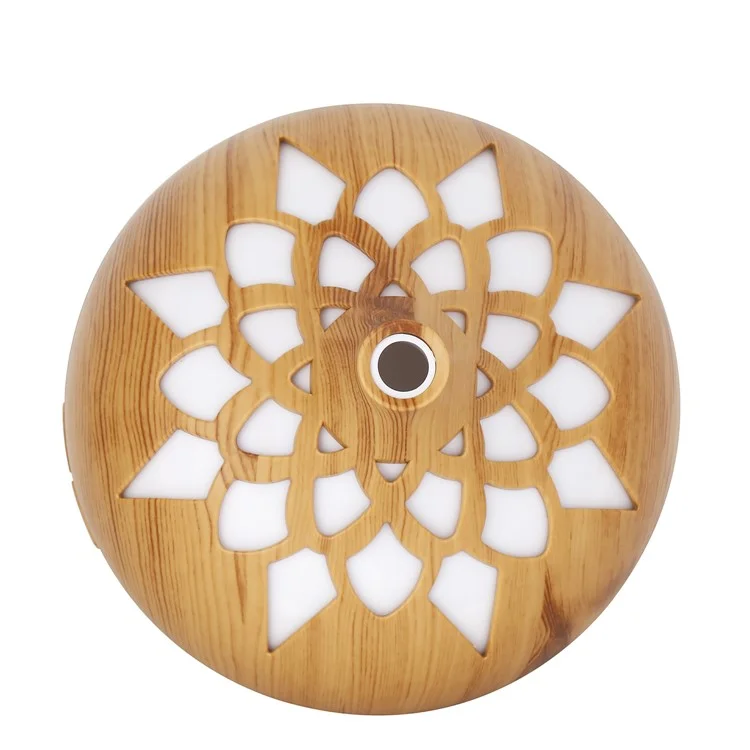 350ML Wood Grain Hollow Design Aroma Humidifier Ultrasonic Cool Mist Humidifier with 7 Color Lights - Brown/EU Plug