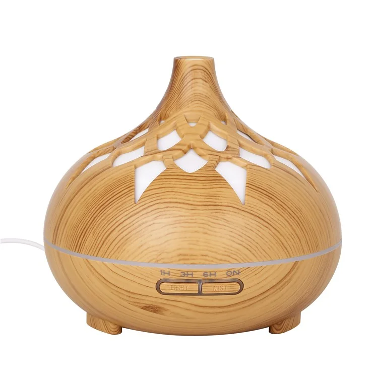 350ML Wood Grain Hollow Design Aroma Humidifier Ultrasonic Cool Mist Humidifier with 7 Color Lights - Brown/EU Plug