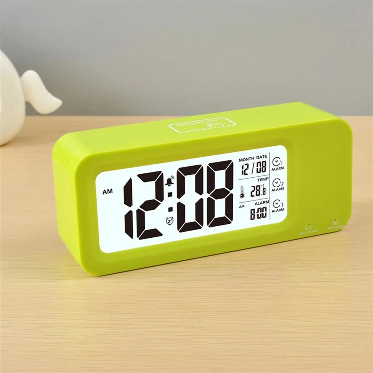 Creative Light-control LCD Display Temperature Alarm Clock - Green