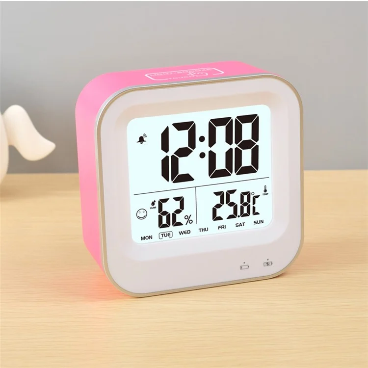 Square Pattern Light-control LCD Display Temperature Alarm Clock - Rose