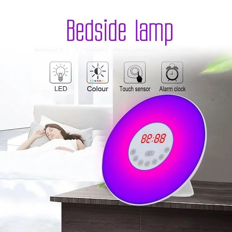 Touch Sensing Digital Alarm Clock Sunrise and Sunset Simulation LED Wake Up Light with FM Radio Colorful Light Snooze Mode Nature Sound - EU Plug