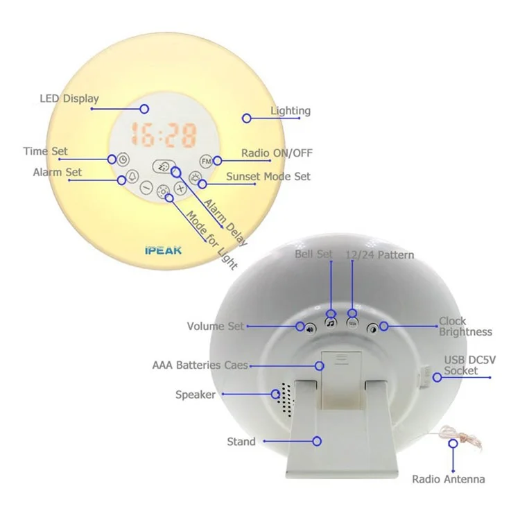 Touch Sensing Digital Alarm Clock Sunrise and Sunset Simulation LED Wake Up Light with FM Radio Colorful Light Snooze Mode Nature Sound - EU Plug