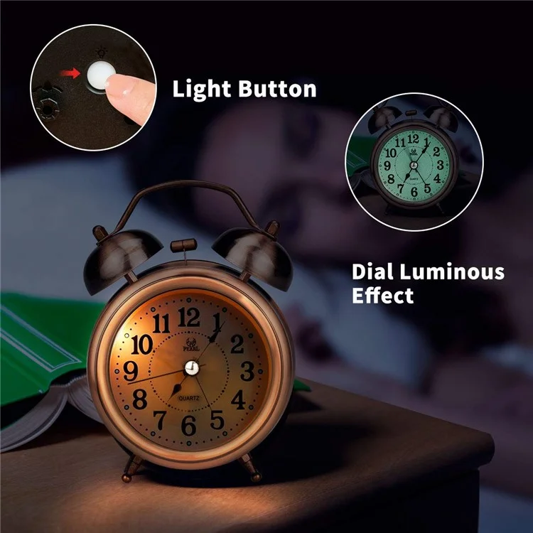 Retro Metal Plating Battery Powered Silent Não Tocando Quartzo Twin Bell Alarerch Clock - Ouro