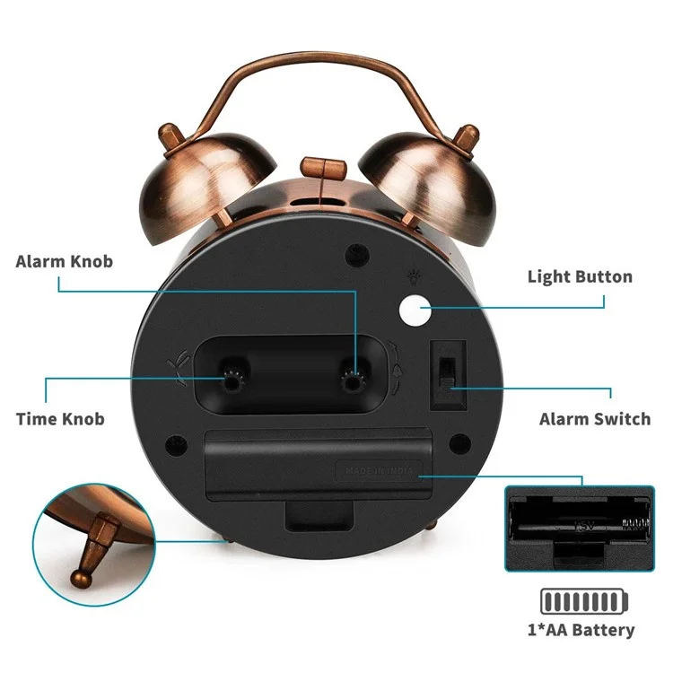 Batería Retro de Metal Baterías Alimentadas Con Silencio Que no Tritura Tala Gemela Despertador de Campana Gemela - Oro