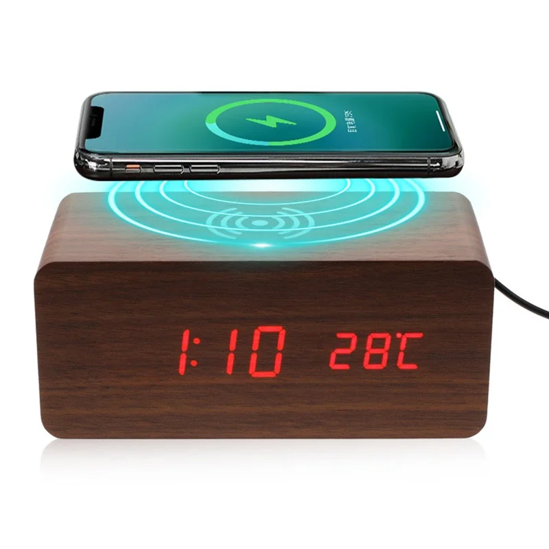 Wooden Alarm Clock with Qi Wireless Charger Sound Control LED Digital Clock Temperature Display - Dark Brown