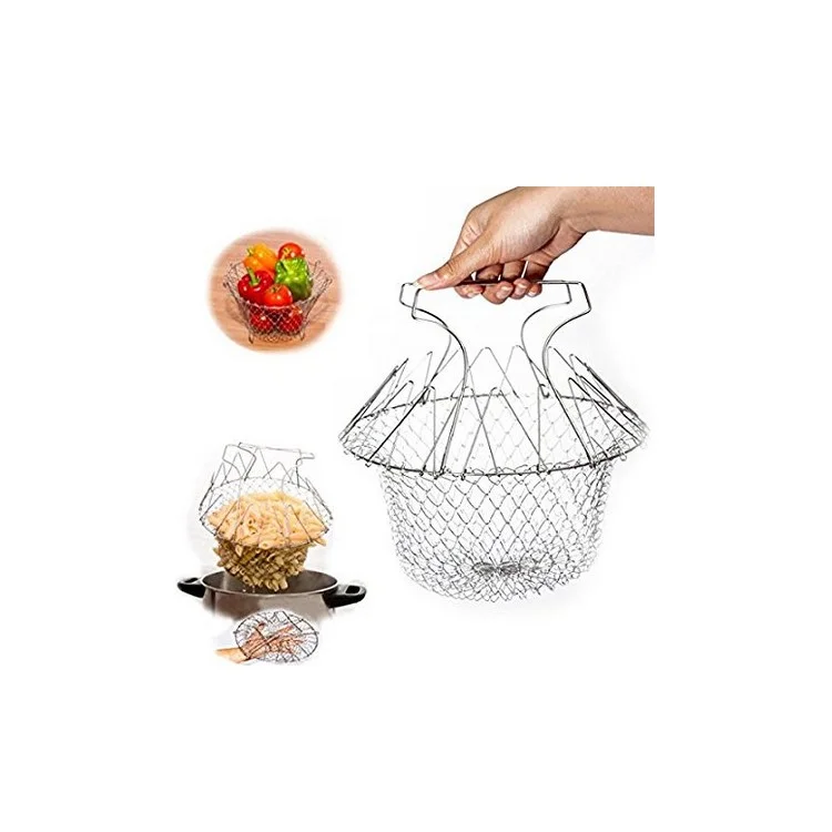 Multifunctional 304 Food Grade Stainless Steel Folding Fruit Snacks Basket Frying Cooking Basket