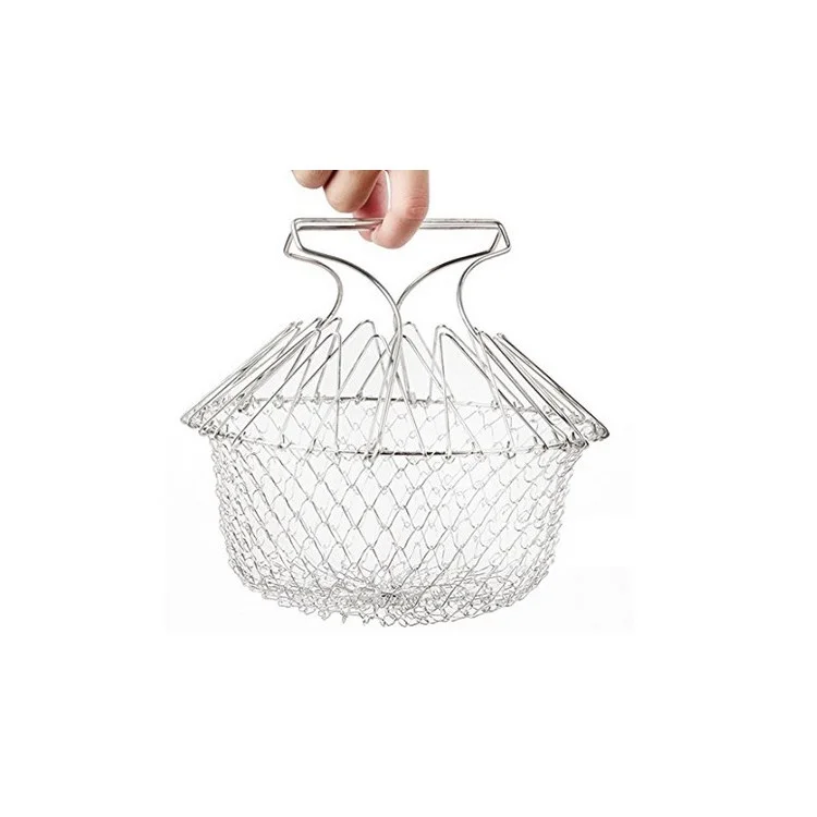 Multifunctional 304 Food Grade Stainless Steel Folding Fruit Snacks Basket Frying Cooking Basket