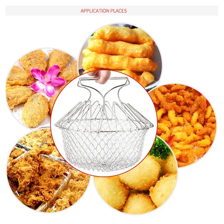 Multifunctional 304 Food Grade Stainless Steel Folding Fruit Snacks Basket Frying Cooking Basket