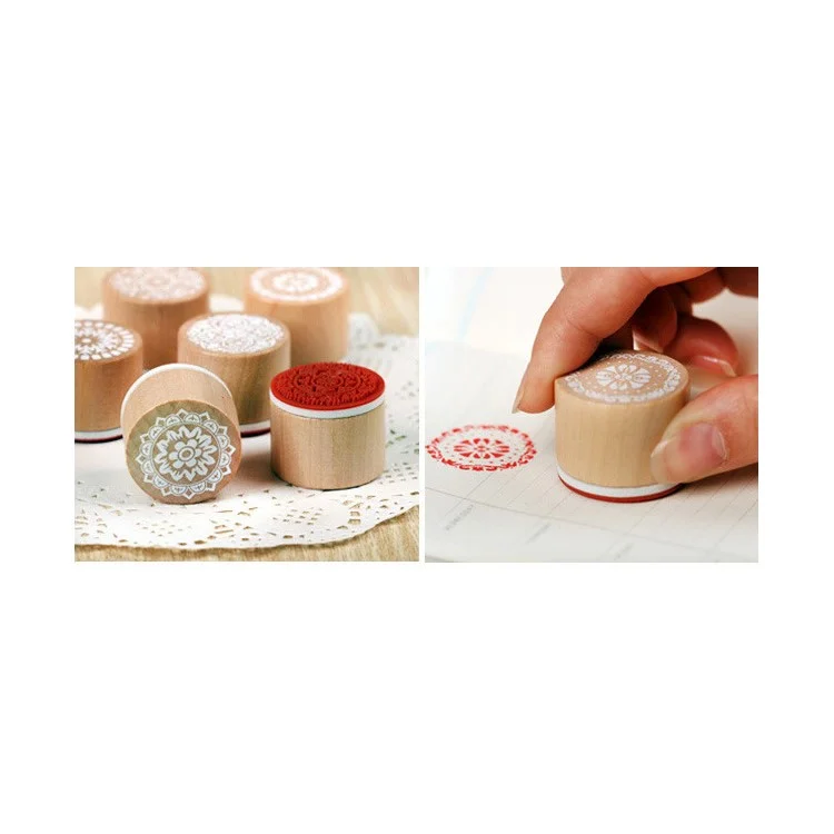 6Pcs/Set Round Retro Wood Seals Stamps Lace Pattern Design