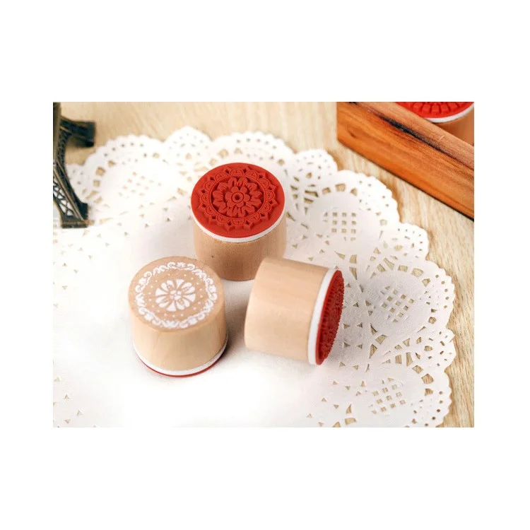 6Pcs/Set Round Retro Wood Seals Stamps Lace Pattern Design