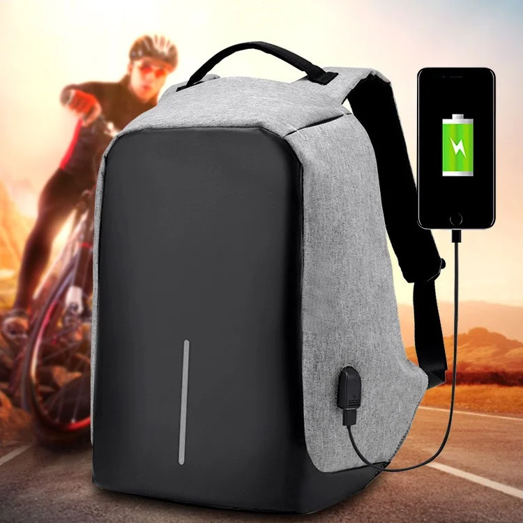 Multifunctional Canvas Business Laptop Backpack Travel Bag with USB Charging Function - Grey