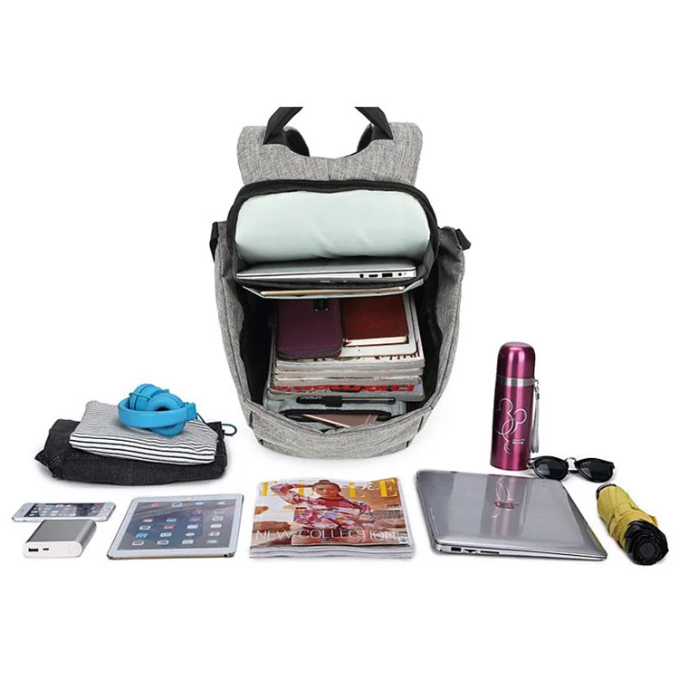Multifunctional Canvas Business Laptop Backpack Travel Bag with USB Charging Function - Grey