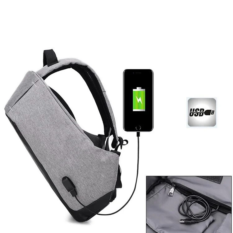 Multifunctional Canvas Business Laptop Backpack Travel Bag with USB Charging Function - Grey
