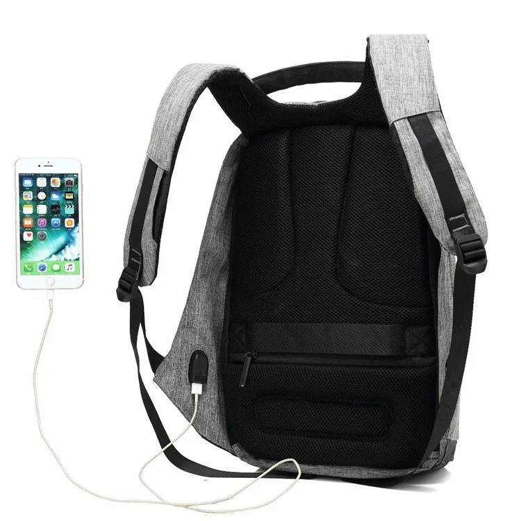 Multifunctional Canvas Business Laptop Backpack Travel Bag with USB Charging Function - Grey