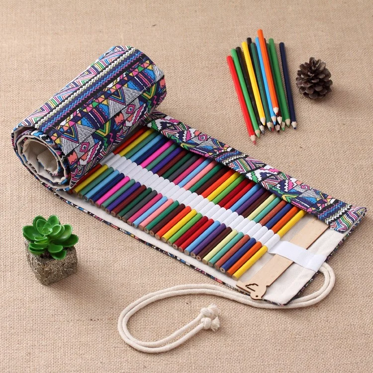 Chinese Folk-custom Pattern Canvas Pencils Organizer Pouch Case 56 x 20cm (48 holes ) - Colorful Tribe Pattern